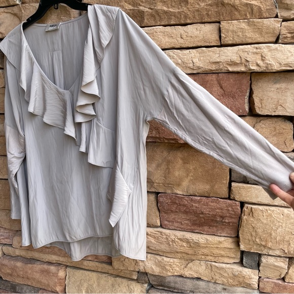 Mela Purdie light gray satin long sleeve ruffle blouse top Women XL - Picture 5 of 10